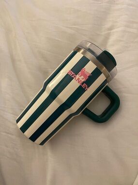 Stanley Teal and White Striped Travel Mug with Pink Logo